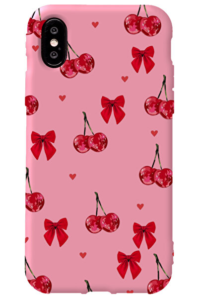 WANNA PROTECT iPhone XS Pembe İçi Kadife Kiraz Fiyonk Desenli Silikon Telefon...