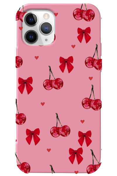 WANNA PROTECT iPhone 13 Pro Max Pembe İçi Kadife Kiraz Fiyonk Desenli Silikon...