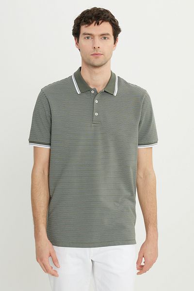 ALTINYILDIZ CLASSICS Ανδρικό μπλουζάκι από βαμβακερό χακί Slim Fit Slim Fit Polo με ριγέ μπλουζάκι