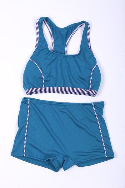 Lio20 Girls Striped Swimmer Swimsuit Bottoms Bikini Set-Petrol Green-Age 7-16