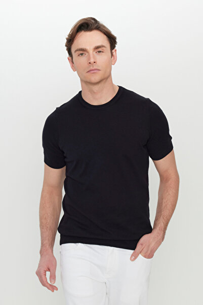 ALTINYILDIZ CLASSICS Erkek Siyah %100 Pamuk Standart Fit Normal Kesim Bisiklet Yaka Triko Tişört