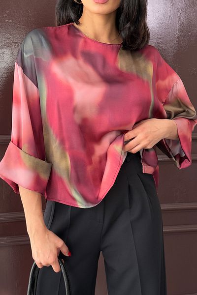 Ortaya Çık Burgundy Tie Dye Patterned Satin Blouse