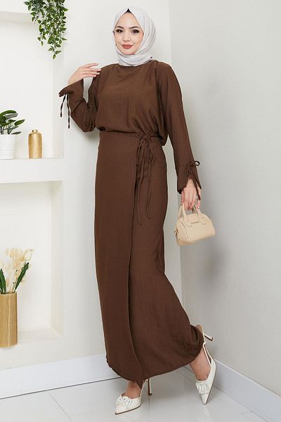 hafsamina Lace Detailed Skirt Suit Brown Hm2724