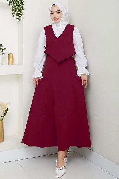 hafsamina Side Tie Vest Suit Claret Red Hm2723