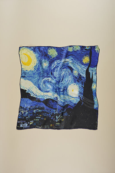 silqoora وشاح باندانا حرير 100% (55x55 سم)-فنسنت فان جوخ (ليلة النجوم ساكس أزرق)