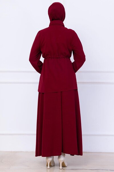 hafsamina Ayrobin Suit with Tie Waist Skirt Claret Red Hm2734