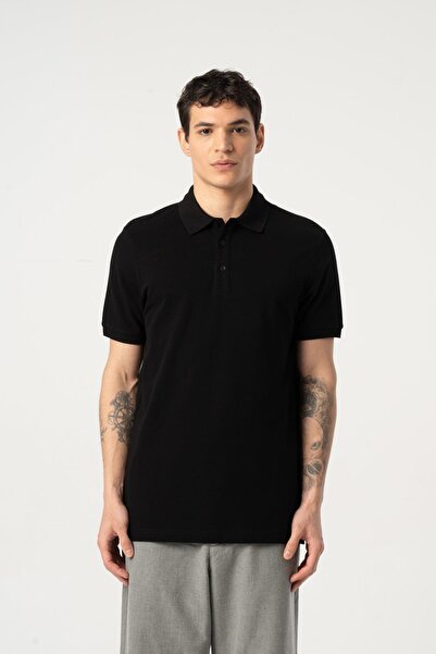 MFY Fashion 100% Cotton Pique Soft Texture Breathable Fabric Non-Curling Collar Polo Neck T-Shirt Black