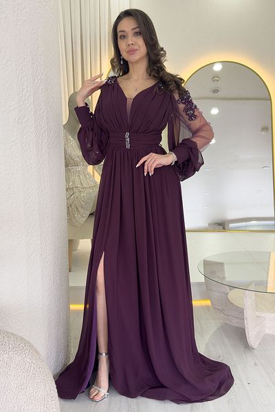 zks grup tekstil Rochie de seară din șifon cu mâneci din guipur pentru femei alb, roșu, violet