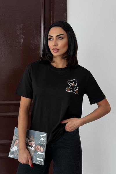 Ortaya Çık Black Teddy Bear Embroidered Basic T-Shirt