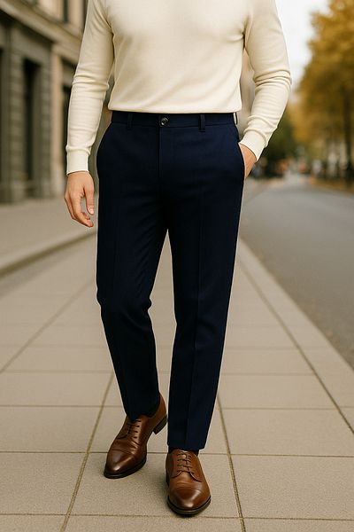 Tutals Men's Navy Blue Color Italian Cut Ankle Length Slim Fit Comfortable Fit Fabric Trousers