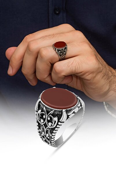 ALYANSEVİM Oval Akik Taşlı 925 Gümüş Erkek Yüzük