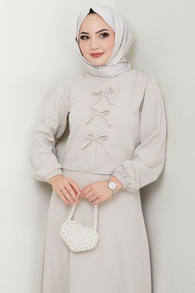 hafsamina Double Suit with Bow Front and Skirt Beige Hm2705
