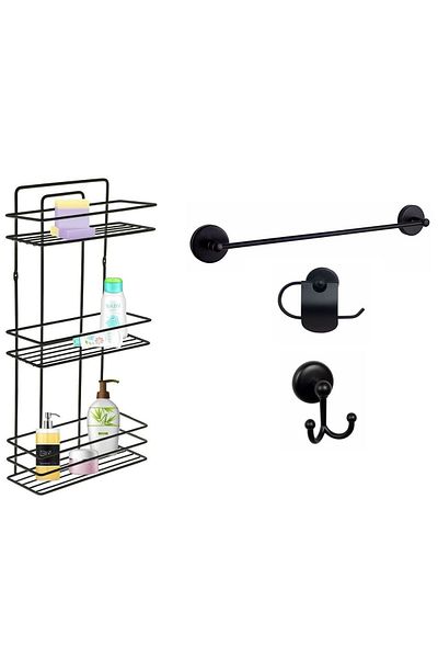 Sas Haus Bathroom Accessory Set 4 Pieces Black, Lifetime Stainless Flat Shower Shelf Shampoo Holder Black Tş-03