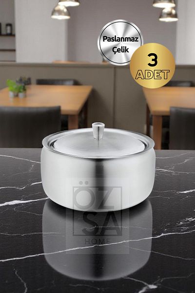 ÖzSa Home 3Pcs Stainless Steel with Lid Premium Sugar Bowl Turkish Delight Bowl Cube Sugar Bowl Hotel Cafe Restaurant Sugar Bowl