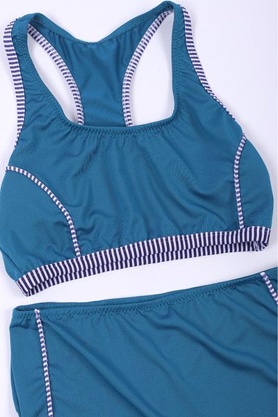 Lio20 Girls Striped Swimmer Swimsuit Bottoms Bikini Set-Petrol Green-Age 7-16