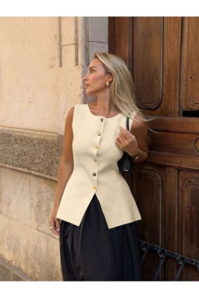 Dier Moda Bluzka damska w kolorze beżowym z okrągłym dekoltem i złotymi guzik...