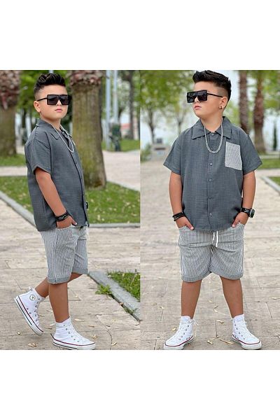 Burçak Butik Boys Summer Linen Fabric Shorts with Pockets and Short Sleeve Shirt Bottom Top Eid Suit