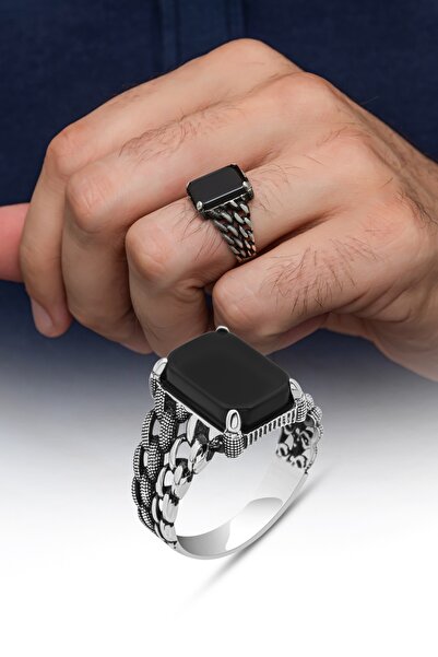 ALYANSEVİM Siyah Oniks Taşlı 925 Gümüş Erkek Yüzük