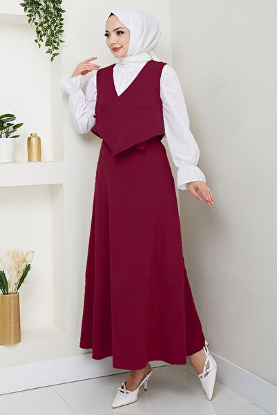 hafsamina Side Tie Vest Suit Claret Red Hm2723