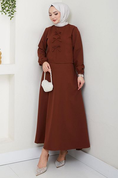 hafsamina Double Suit with Bow Front and Skirt Tile Hm2705