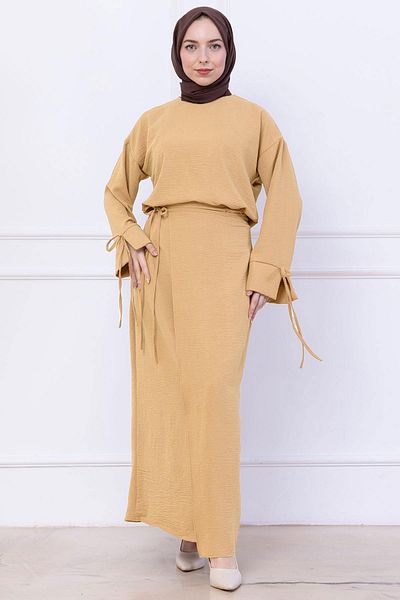 hafsamina Side Tie Ayrobin Skirt Suit Beige Hm2738