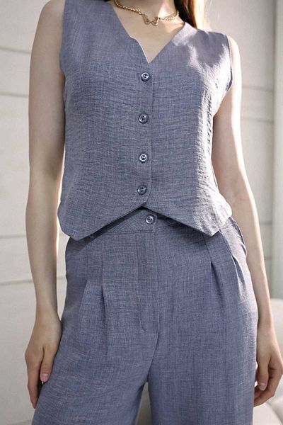 stcococix since 1990 Women's Buttoned Palazzo Wide Leg Linen Trousers Vest Two Piece Set
