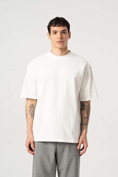 MFY Fashion Men's 100% Cotton Oversize Cut Crew Neck Short Sleeve T-Shirt Ecru