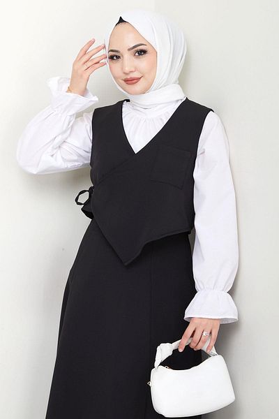 hafsamina Side Tie Vest Suit Black Hm2723