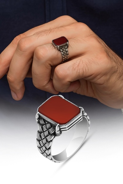 ALYANSEVİM Akik Taşlı Kazaz Model 925 Gümüş Yüzük