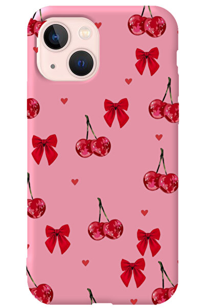 WANNA PROTECT iPhone 14 Plus Pembe İçi Kadife Kiraz Fiyonk Desenli Silikon Te...