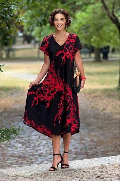 Nevin Kaya Moda Φόρεμα Afitap Coral με μοτίβο μαύρο κόκκινο 100% βαμβάκι