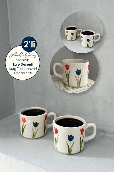 Anadolu Saray Set of 2 Handmade Ceramic Tulip Patterned Mug Set Turkish Coffee Cup Gift