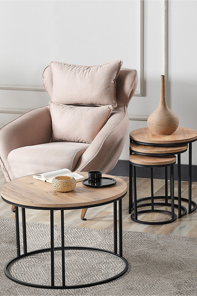 SEDAŞ LIVING UNITS 4 Lü Açık Ceviz Ahşap Siyah Metal Ayaklı Ahşap C Model Seh...