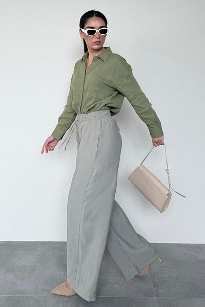 Madmext Pale Green Wide Leg Women's Trousers Mg1982
