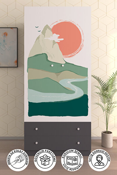 Hediyeler Kapında Çocuk Odası 2 Kapaklı Sunset Gardırop 5 Raflı 2 Çekmeceli A...