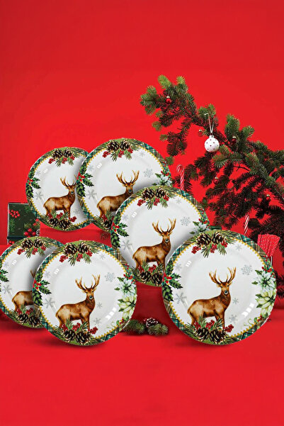 Home Happy New Year Geyik Desenli Porselen 6'lı Pasta Tabağı 6 Kişilik 20 cm