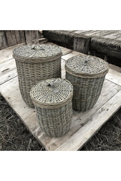 SepetçiBaba Laundry - 3'lü Hasır Çamaşır Sepeti Yuvarlak Gri - 97006