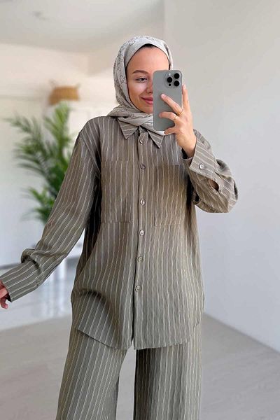 Ka Hijab Wide Leg Striped Suit - Khaki