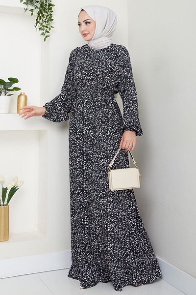 hafsamina Crispy Flower Patterned Summer Viscose Dress Black Hm2717