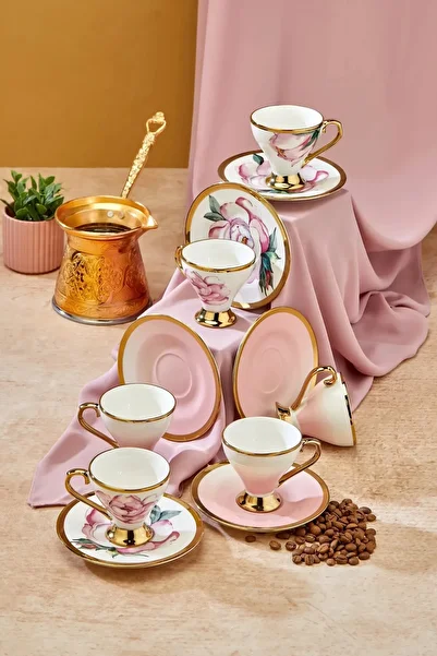 Cooker Luxury Porcelain Floral Gilded Detailed Turkish Coffee Cup Set for 6 People