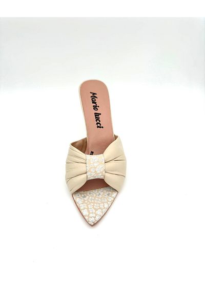 Mariolucci Women's Heeled Slippers Beige Genuine Leather [Leopard Pattern]