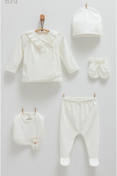 Caramell Hospital Release Baby Girl 5 Piece Zibin Set with Flower Pattern (Top Zibin Pants Hat Gloves Apron)0-3 Months