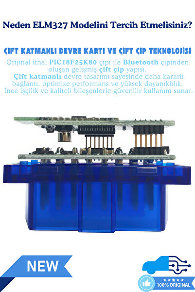 ELM 327 ELM327 Bluetooth Araç Arıza Tespit Cihazı v1.5 – Orijinal PIC18F25K80, Çift Çip Setli