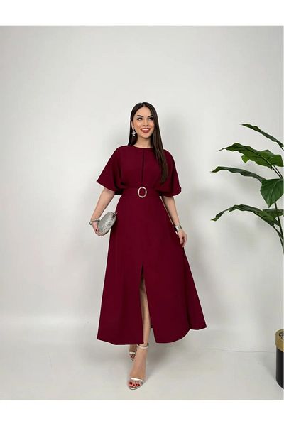 Afiş Butik Belt Detailed Round Neck Slit Pleated Midi Dress