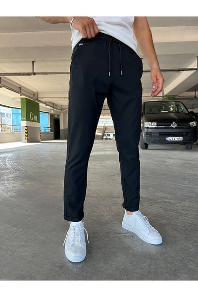 moda biz Men's Black Jogger Elastic Waist Laced Double Leg Lycra Comfortable Fit Trousers