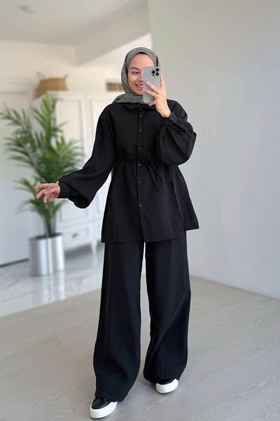 Ka Hijab Slit Detail Balloon Sleeve Set - Black