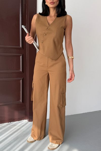 Ortaya Çık Brown Design Vest Pants Bottom Top Set