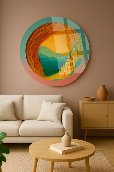 TAULART HARİKA RENK UYUMLU YUVARLAK CAM TABLO EV HEDİYESİ OTURMA ODASI TABLOS...