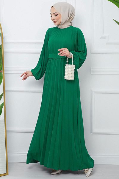 hafsamina Belted Pleated Aerobin Dress Green Hm2339