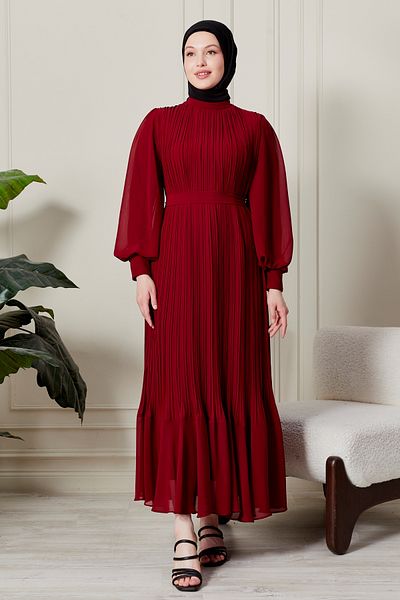 AVVER Pleated Chiffon Hijab Dress with Sleeve Zipper Detail